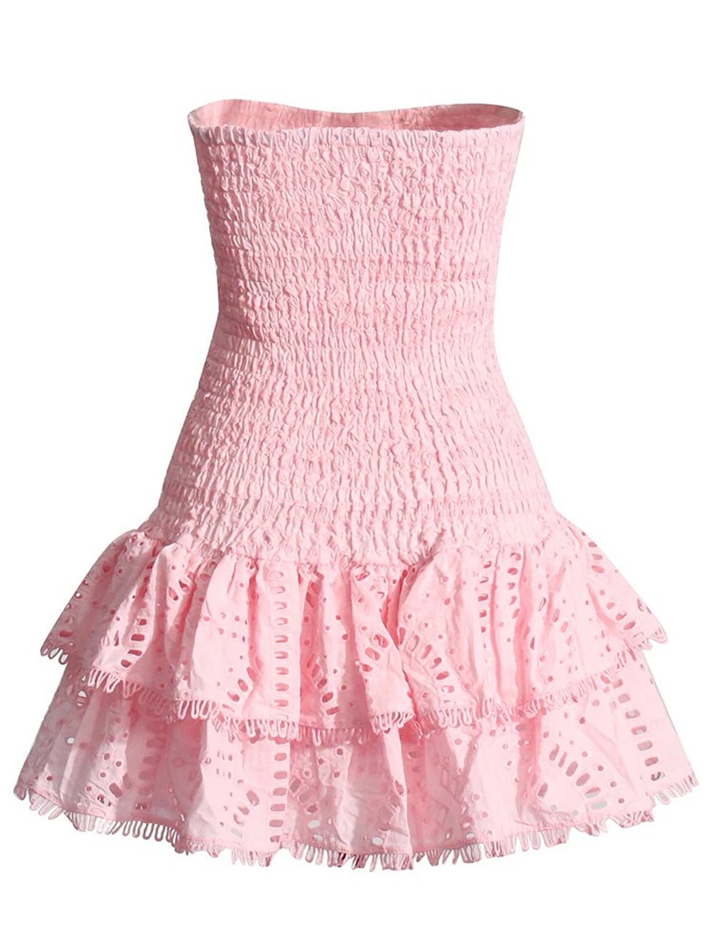 Eyelet Lace Strapless Smocked Tiered Ruffle Mini Dress