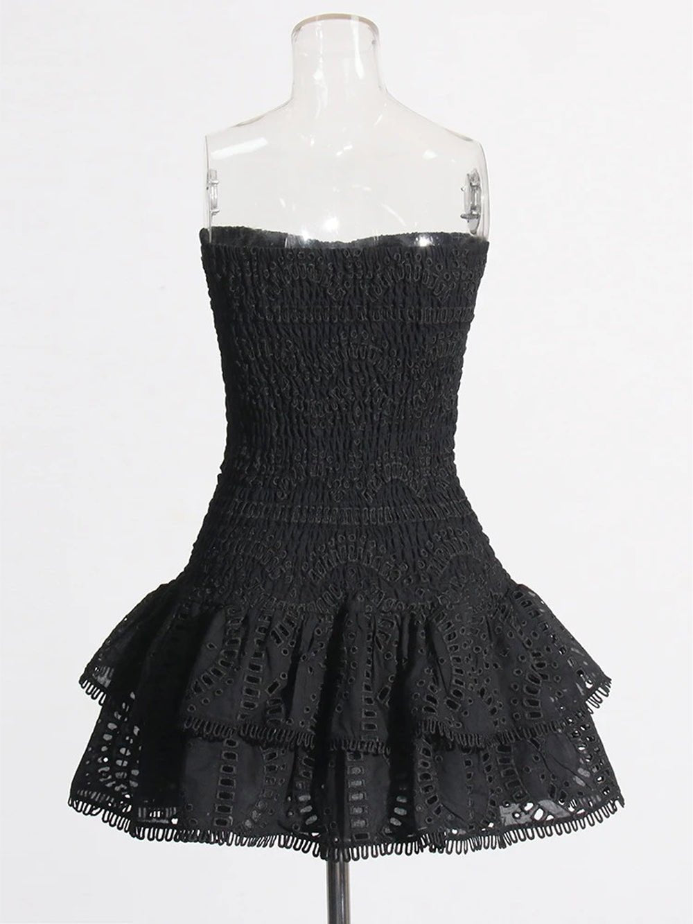 Eyelet Lace Strapless Smocked Tiered Ruffle Mini Dress