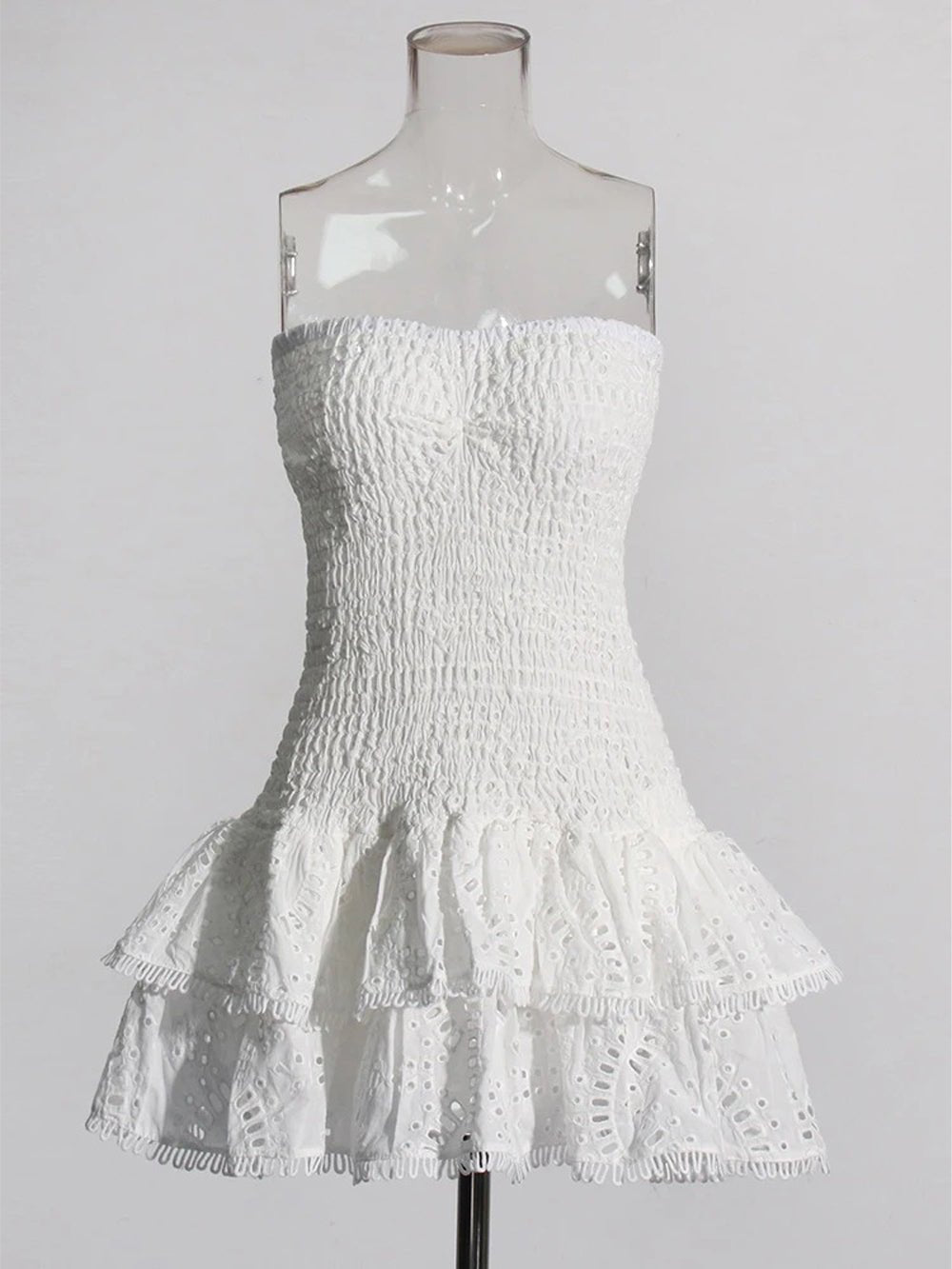 Eyelet Lace Strapless Smocked Tiered Ruffle Mini Dress