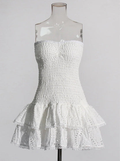 Eyelet Lace Strapless Smocked Tiered Ruffle Mini Dress