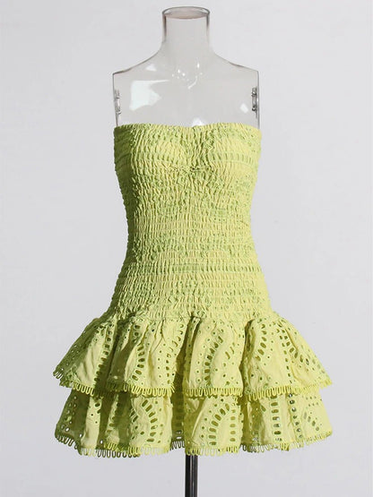 Eyelet Lace Strapless Smocked Tiered Ruffle Mini Dress