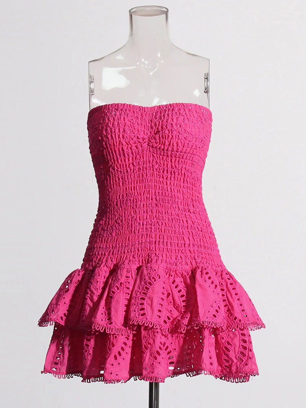 Eyelet Lace Strapless Smocked Tiered Ruffle Mini Dress