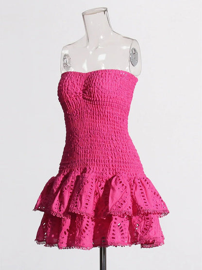 Eyelet Lace Strapless Smocked Tiered Ruffle Mini Dress