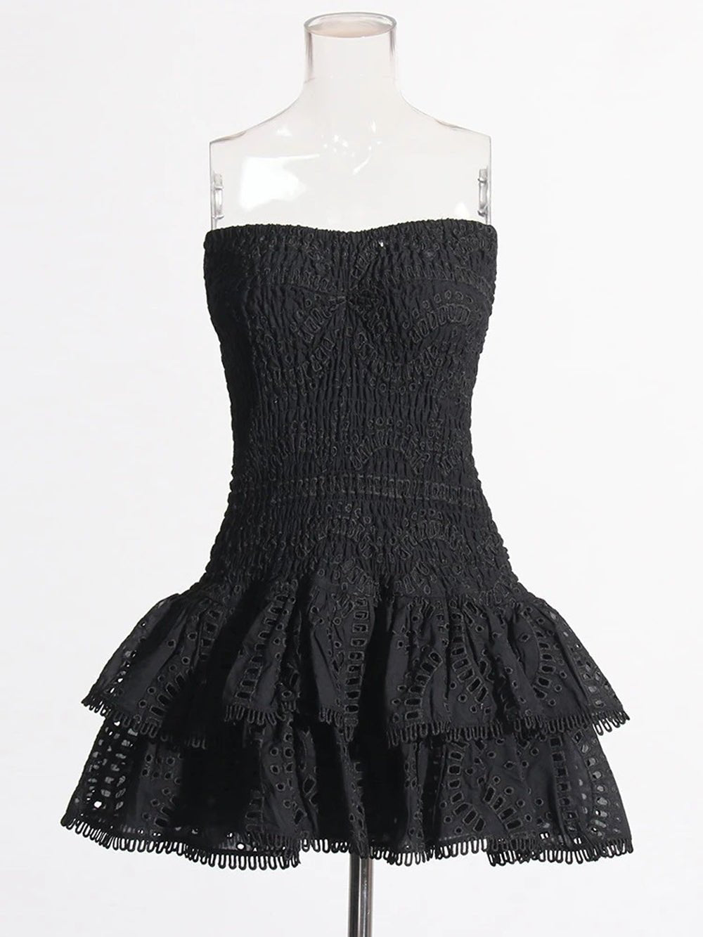 Eyelet Lace Strapless Smocked Tiered Ruffle Mini Dress