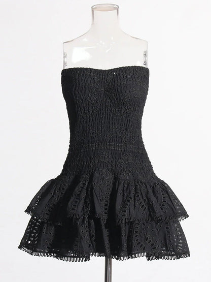 Eyelet Lace Strapless Smocked Tiered Ruffle Mini Dress