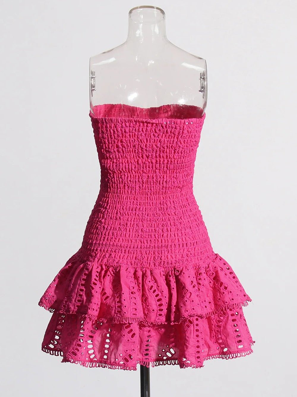 Eyelet Lace Strapless Smocked Tiered Ruffle Mini Dress