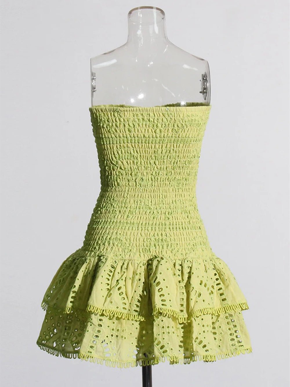 Eyelet Lace Strapless Smocked Tiered Ruffle Mini Dress