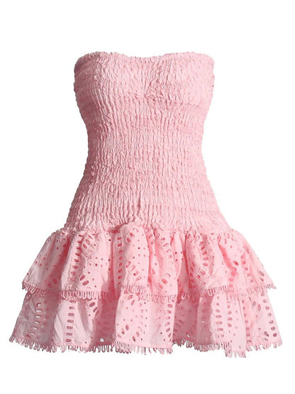 Eyelet Lace Strapless Smocked Tiered Ruffle Mini Dress