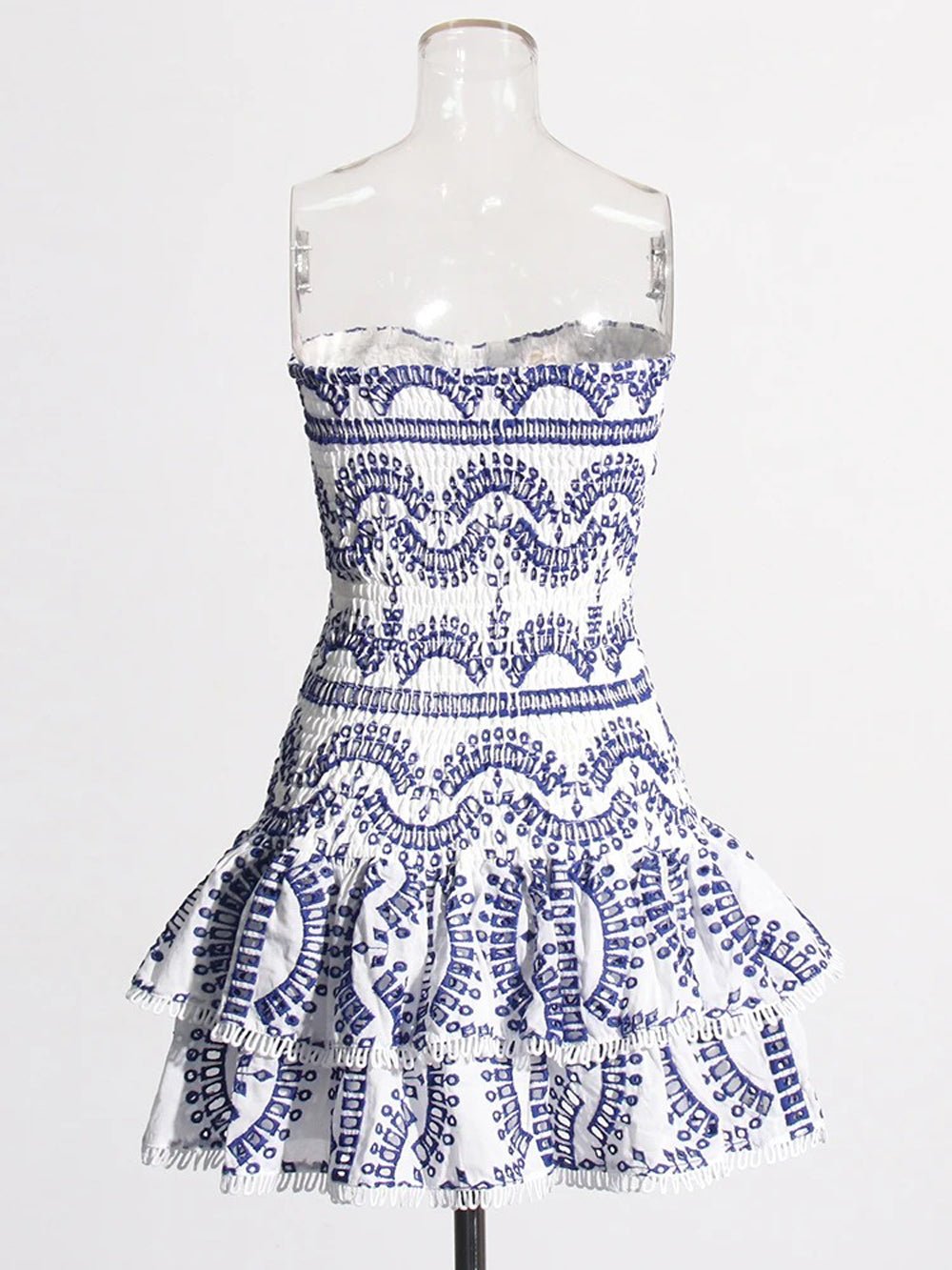 Eyelet Lace Strapless Smocked Tiered Ruffle Mini Dress