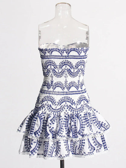 Eyelet Lace Strapless Smocked Tiered Ruffle Mini Dress