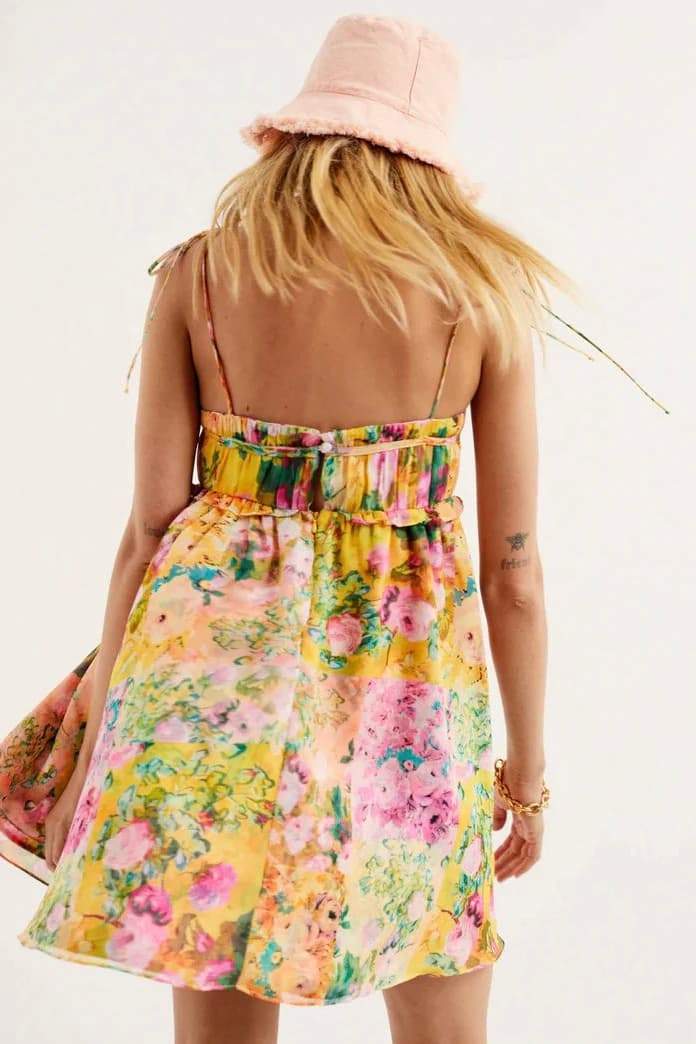 Floral Print Tie Strap Square Neck Empire Waist Ruffle Trim Mini Dress