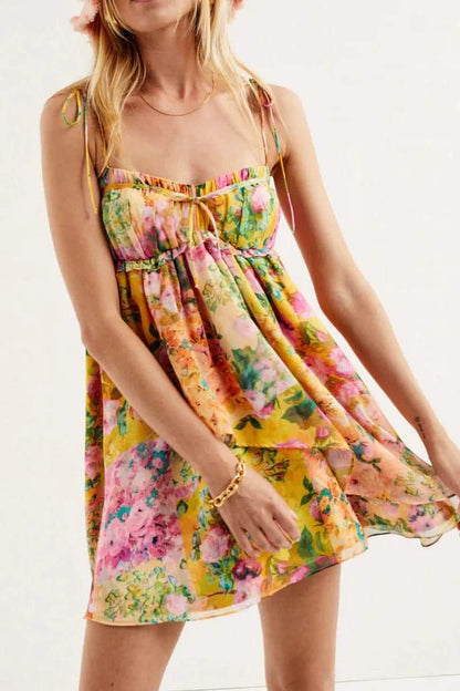 Floral Print Tie Strap Square Neck Empire Waist Ruffle Trim Mini Dress