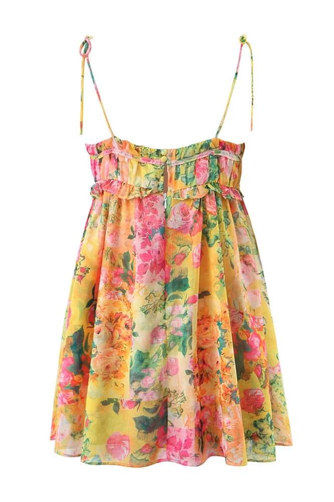 Floral Print Tie Strap Square Neck Empire Waist Ruffle Trim Mini Dress