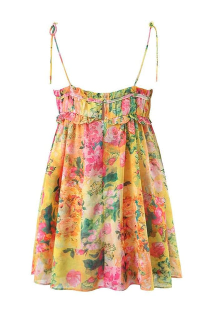 Floral Print Tie Strap Square Neck Empire Waist Ruffle Trim Mini Dress