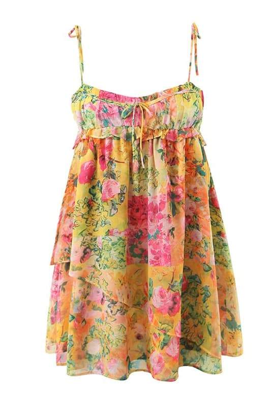 Floral Print Tie Strap Square Neck Empire Waist Ruffle Trim Mini Dress