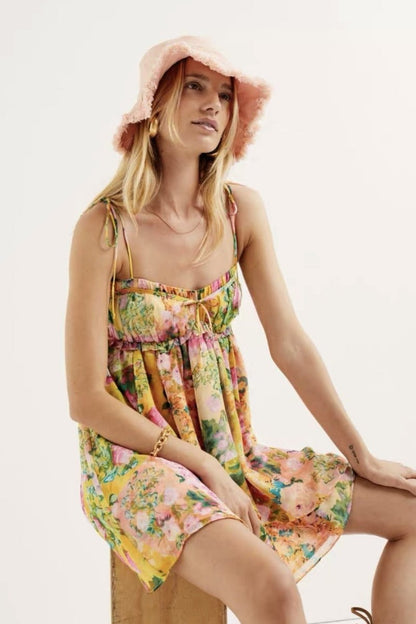 Floral Print Tie Strap Square Neck Empire Waist Ruffle Trim Mini Dress