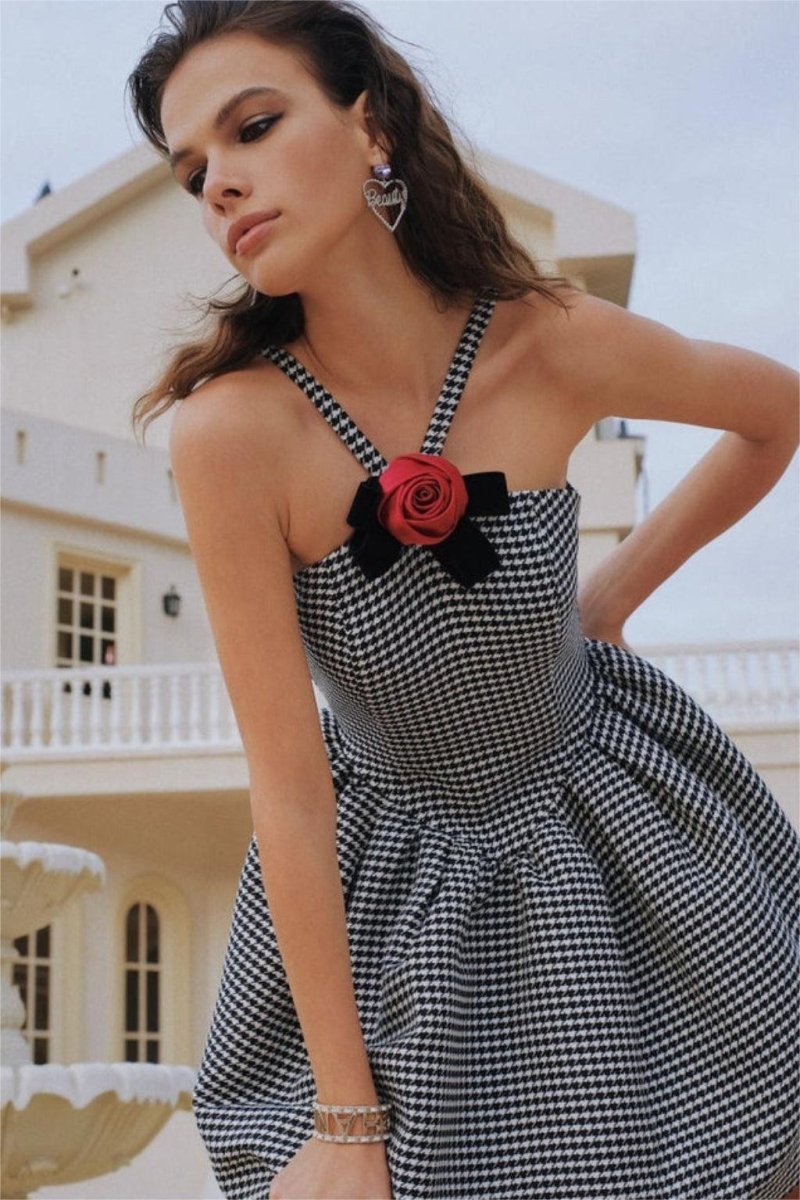 Houndstooth Halter Neck Applique Bow Trim Flared Mini Dress