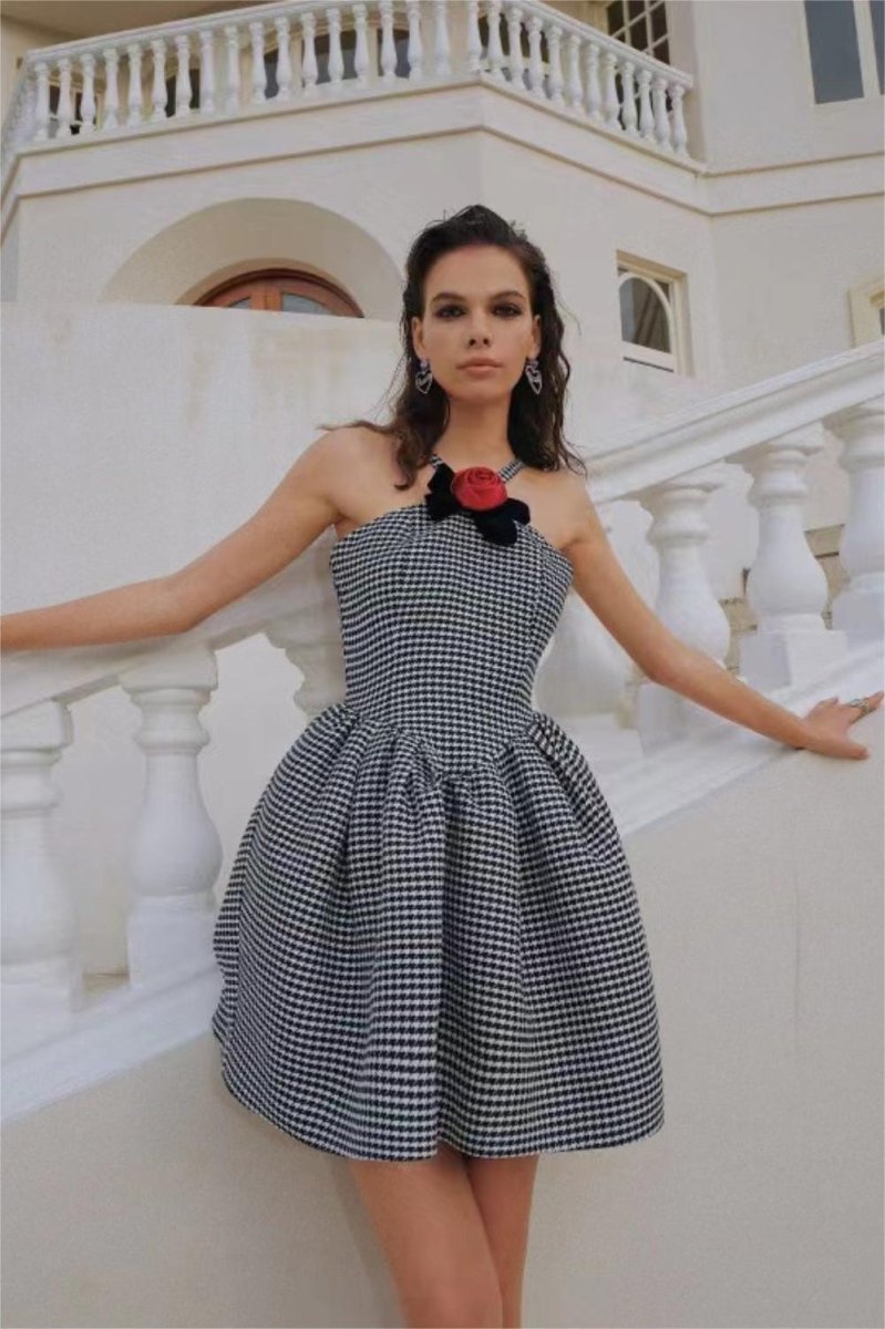 Houndstooth Halter Neck Applique Bow Trim Flared Mini Dress