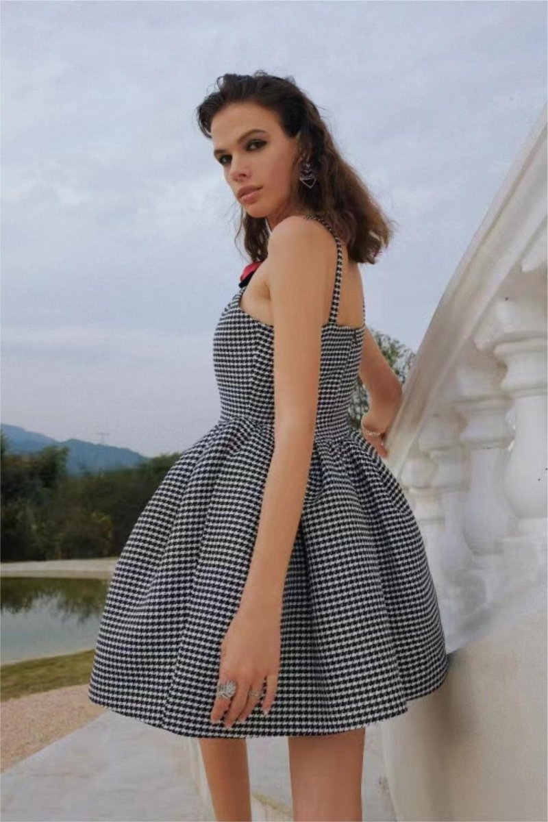 Houndstooth Halter Neck Applique Bow Trim Flared Mini Dress