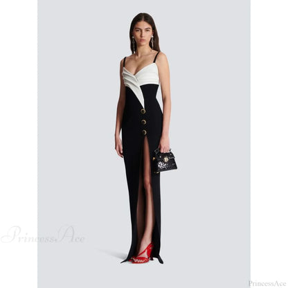 Monochrome Slit Satin Party Prom Dress