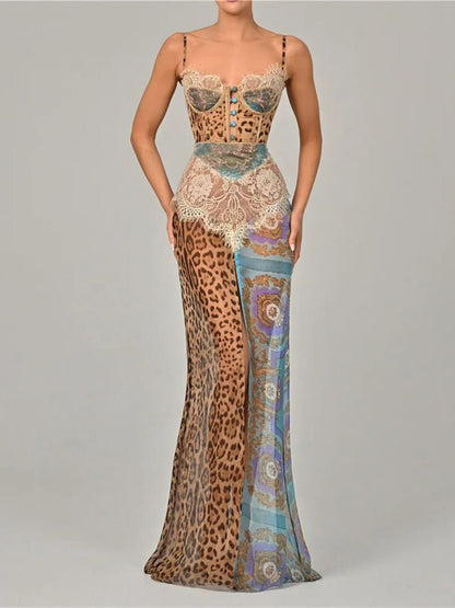 Print Sweetheart Corset Lace Panel High Slit Maxi Dress