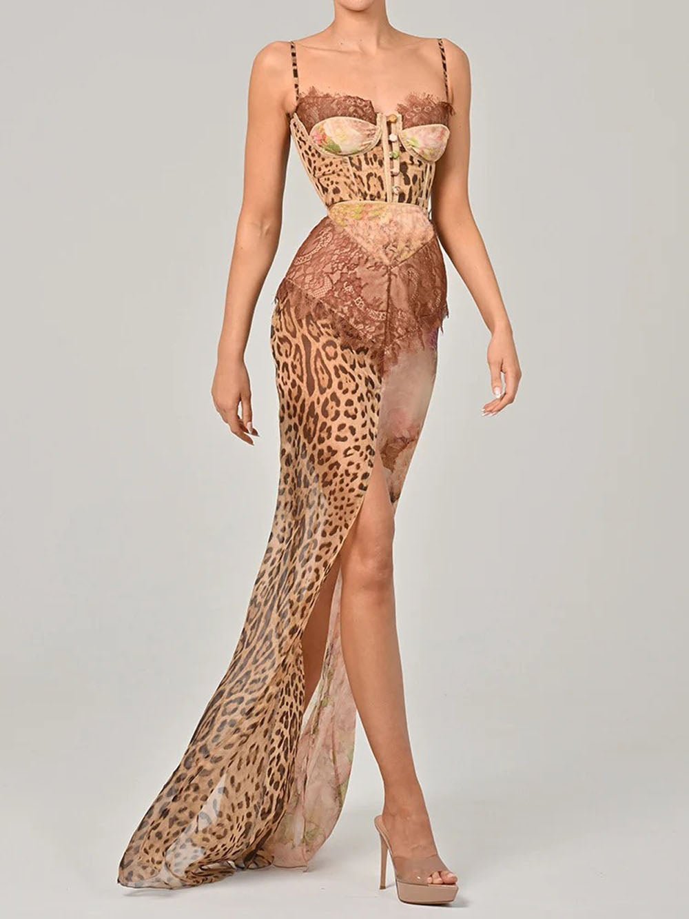 Print Sweetheart Corset Lace Panel High Slit Maxi Dress