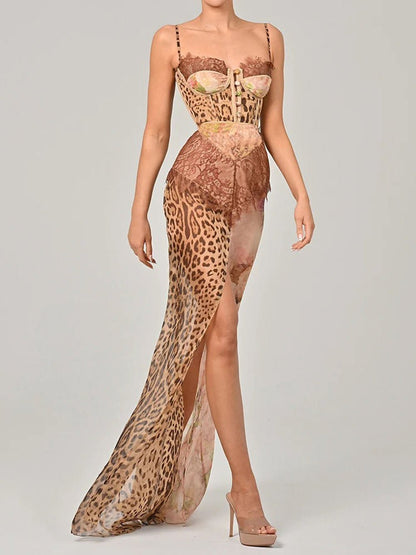 Print Sweetheart Corset Lace Panel High Slit Maxi Dress
