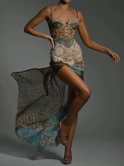 Print Sweetheart Corset Lace Panel High Slit Maxi Dress