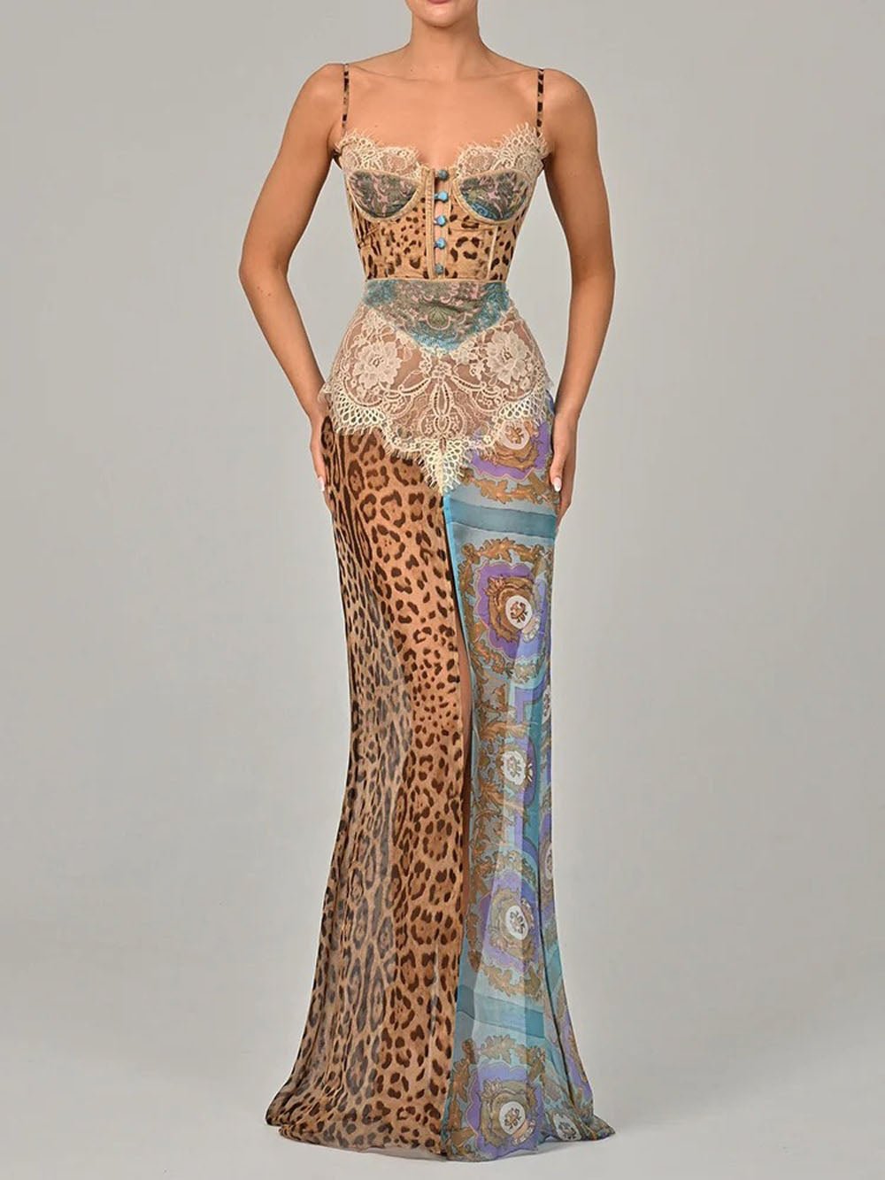 Print Sweetheart Corset Lace Panel High Slit Maxi Dress