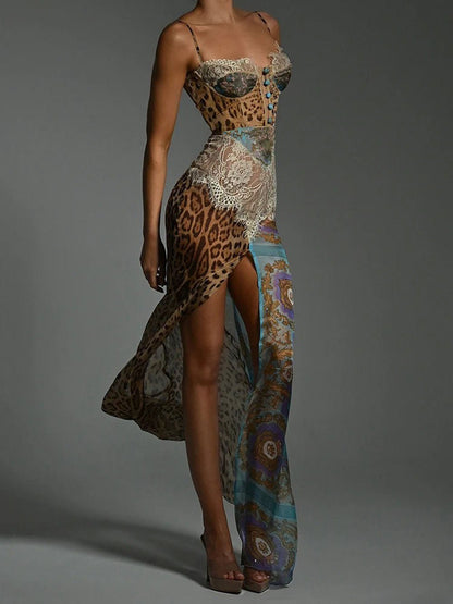 Print Sweetheart Corset Lace Panel High Slit Maxi Dress