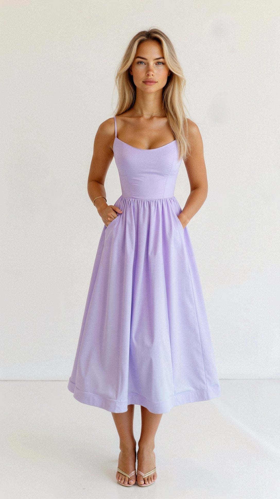 Spaghetti Strap Scoop Neck Gathered Waist Fit and Flare Midi Dress