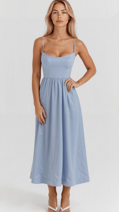 Spaghetti Strap Scoop Neck Gathered Waist Fit and Flare Midi Dress