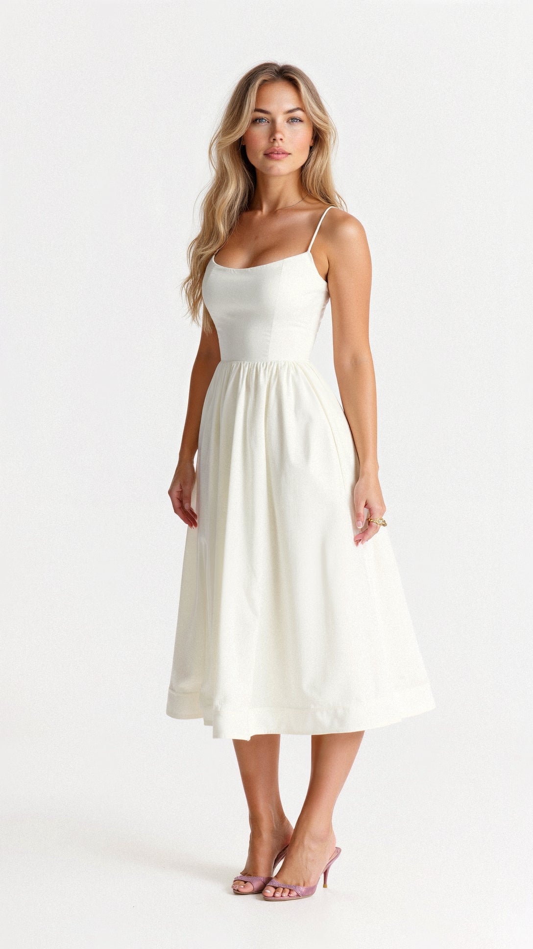 Spaghetti Strap Scoop Neck Gathered Waist Fit and Flare Midi Dress