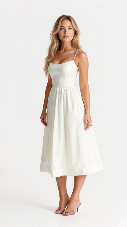 Spaghetti Strap Scoop Neck Gathered Waist Fit and Flare Midi Dress