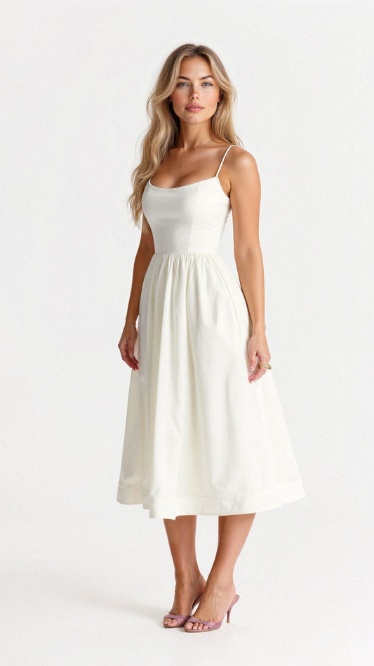 Spaghetti Strap Scoop Neck Gathered Waist Fit and Flare Midi Dress