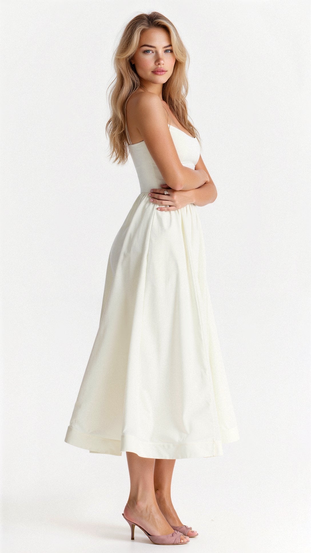 Spaghetti Strap Scoop Neck Gathered Waist Fit and Flare Midi Dress