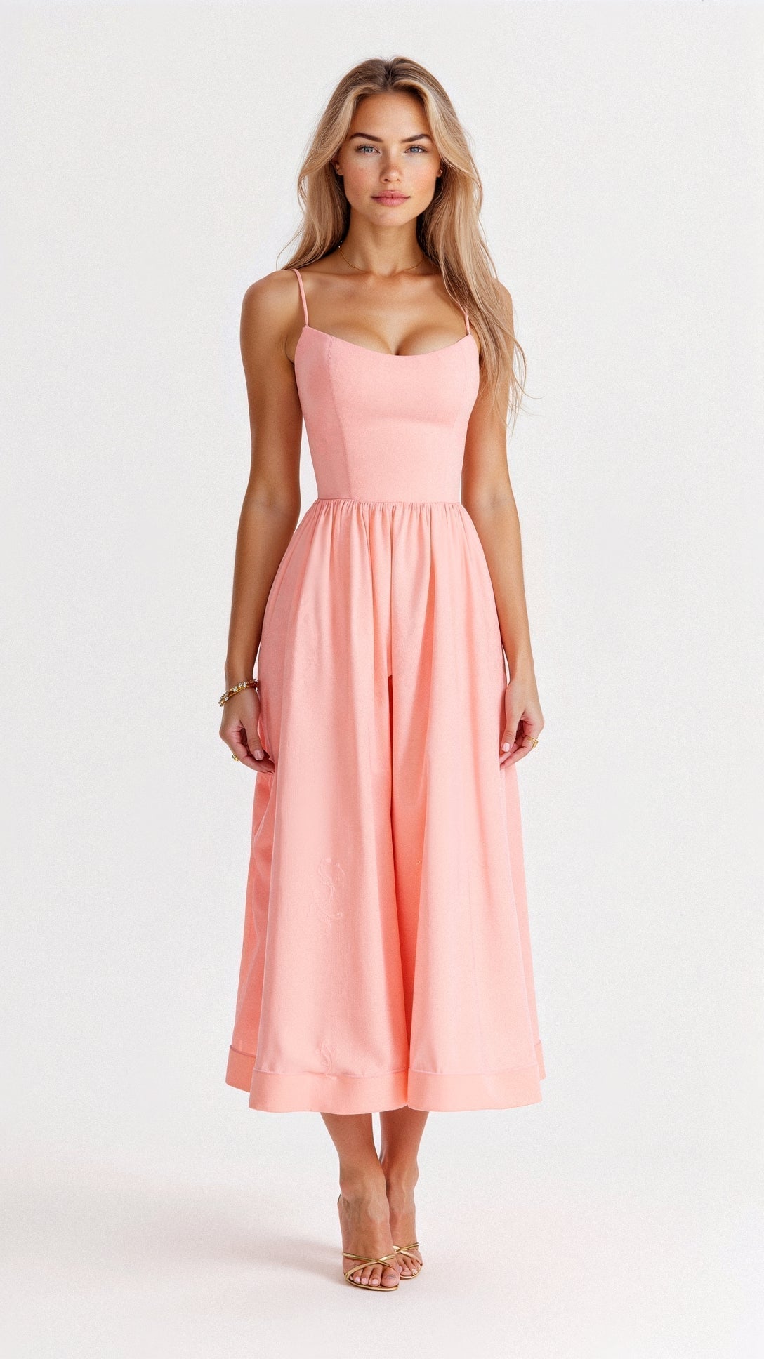 Spaghetti Strap Scoop Neck Gathered Waist Fit and Flare Midi Dress