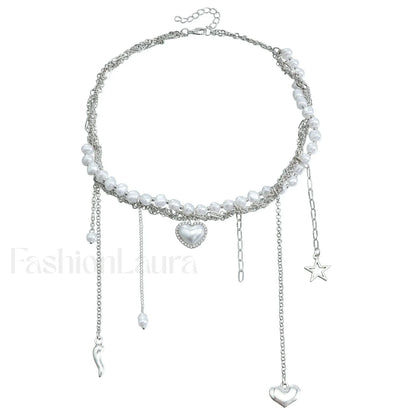 Multi-layer Tassel Pearl Star Pendant Necklace
