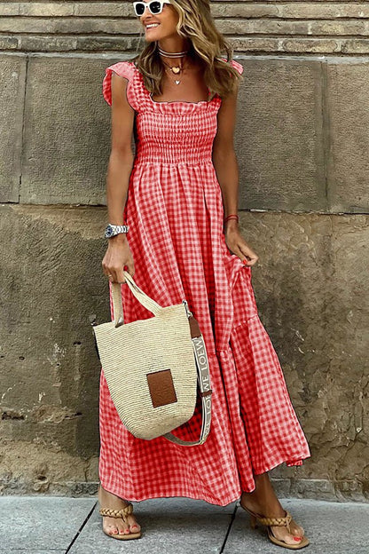 Gingham Check Smocked Bodice Square Neck Tiered Ruffle Sleeve Maxi Dress