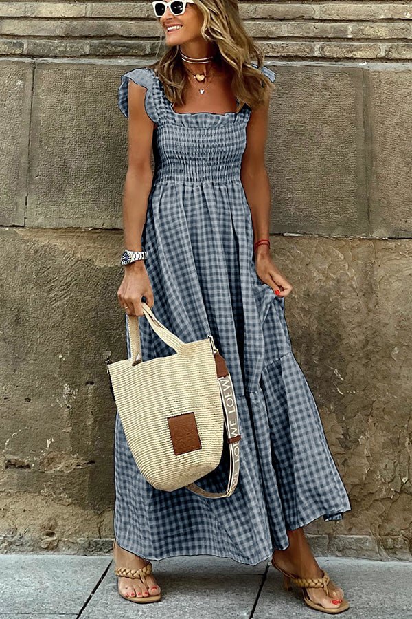 Gingham Check Smocked Bodice Square Neck Tiered Ruffle Sleeve Maxi Dress
