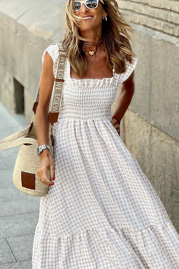 Gingham Check Smocked Bodice Square Neck Tiered Ruffle Sleeve Maxi Dress