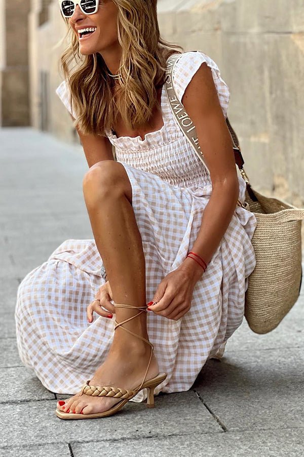 Gingham Check Smocked Bodice Square Neck Tiered Ruffle Sleeve Maxi Dress
