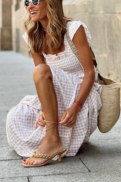Gingham Check Smocked Bodice Square Neck Tiered Ruffle Sleeve Maxi Dress