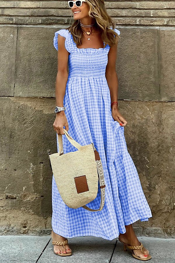 Gingham Check Smocked Bodice Square Neck Tiered Ruffle Sleeve Maxi Dress