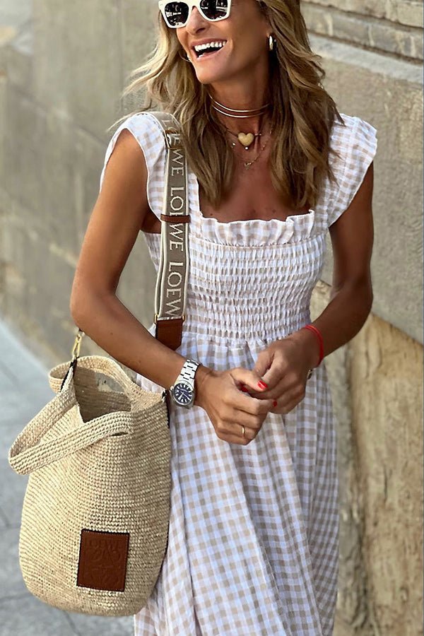 Gingham Check Smocked Bodice Square Neck Tiered Ruffle Sleeve Maxi Dress