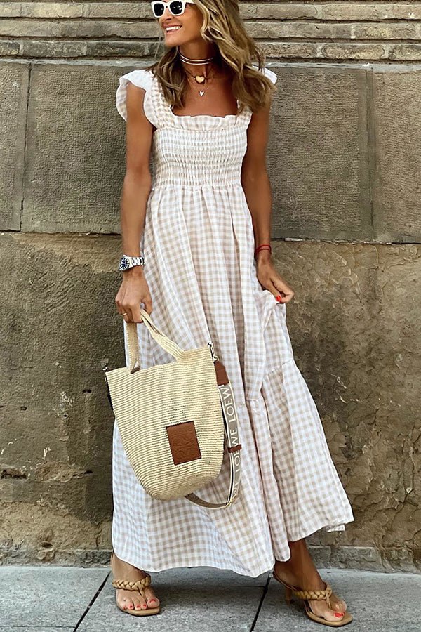 Gingham Check Smocked Bodice Square Neck Tiered Ruffle Sleeve Maxi Dress