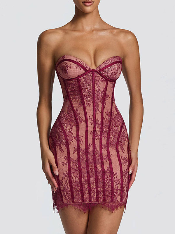 Party Dress Mini Burgundy Strapless Lace Up Sleeveless Backless Sexy Semi Formal Dress