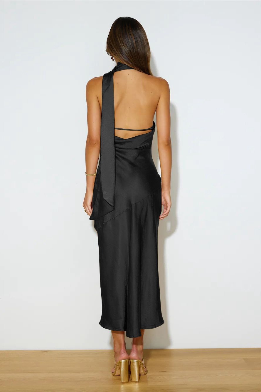 Halter Back Sash Strap Satin Side Slit Midi Dress