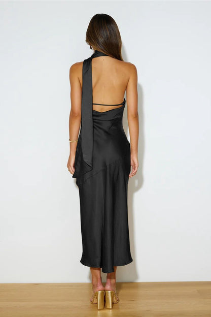 Halter Back Sash Strap Satin Side Slit Midi Dress