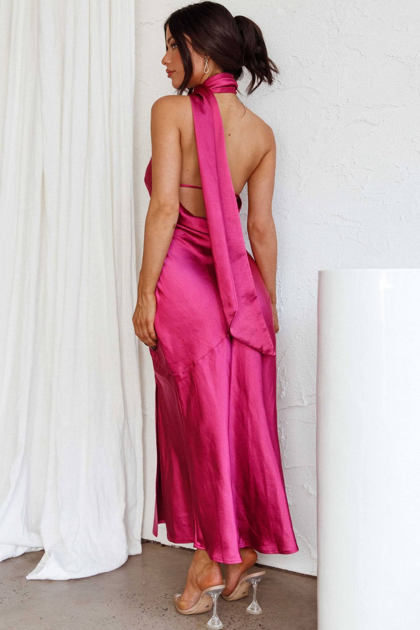 Halter Back Sash Strap Satin Side Slit Midi Dress